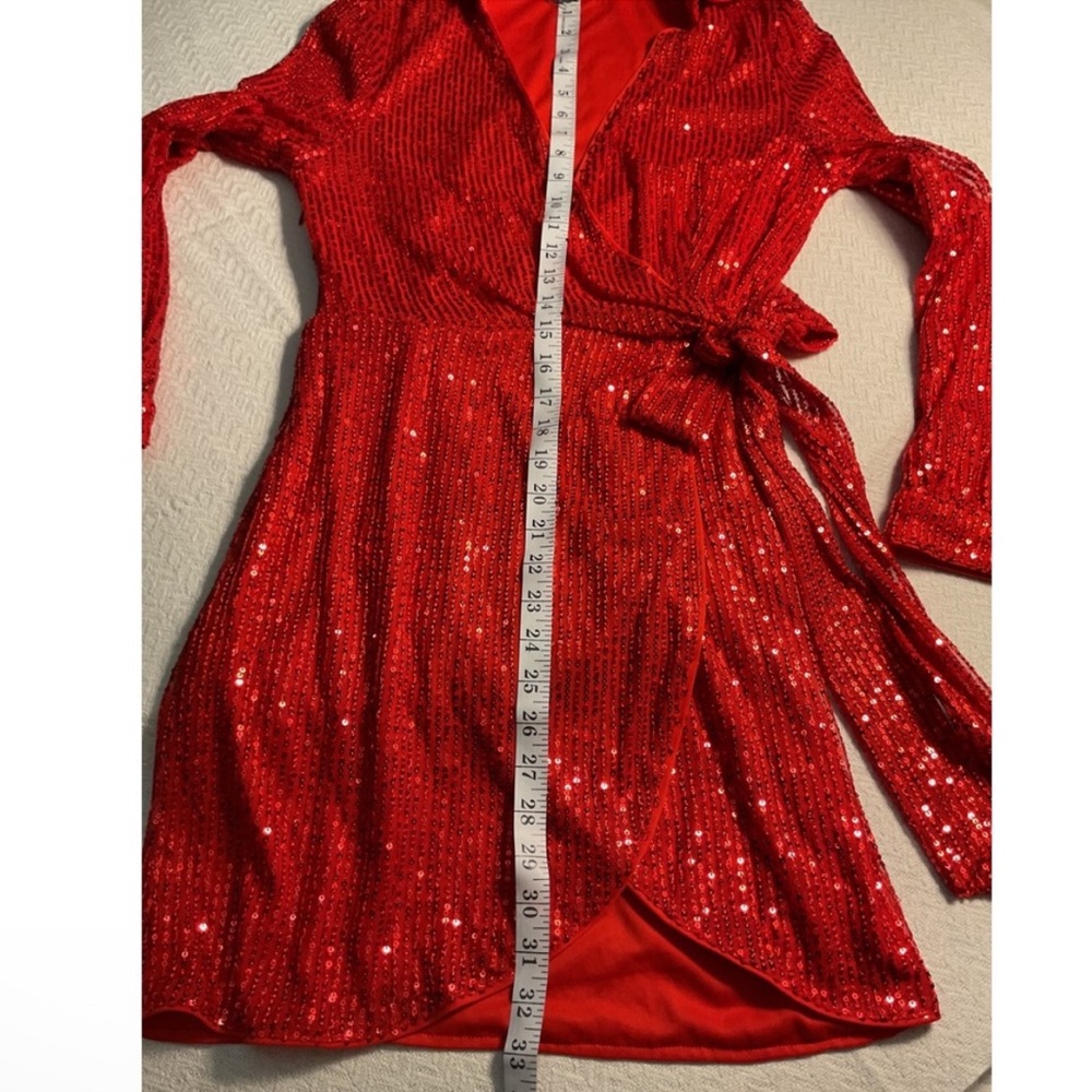 Red Sequin Wrap Dress Long Sleeve V Neck Double Crazy Size S Party Club Mini - Picture 6 of 11